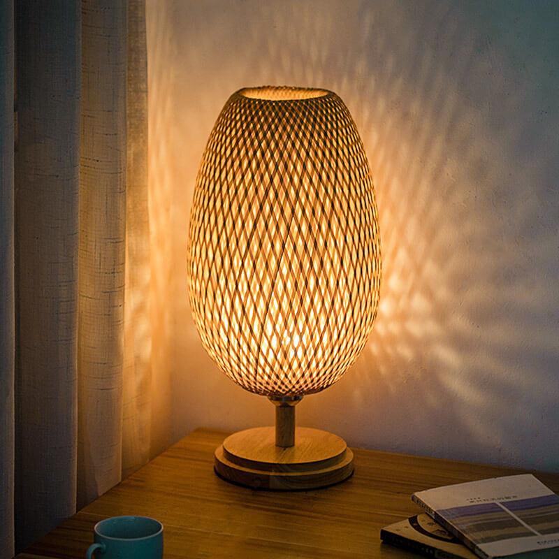 Traditional Chinese Moso Bamboo Wood Iron Weaving Table Lamp