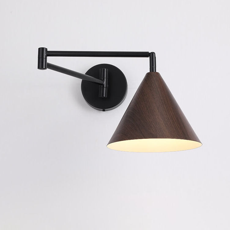 Contemporary Nordic Cone Swing Arm Wood Grain Wall Sconce