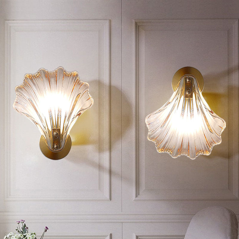 Modern Art Deco Scalloped Shell Amber Glass Wall Sconce