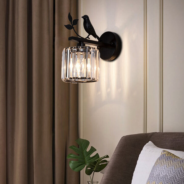 Traditional Vintage Iron Glass Round Bird Wall Sconce