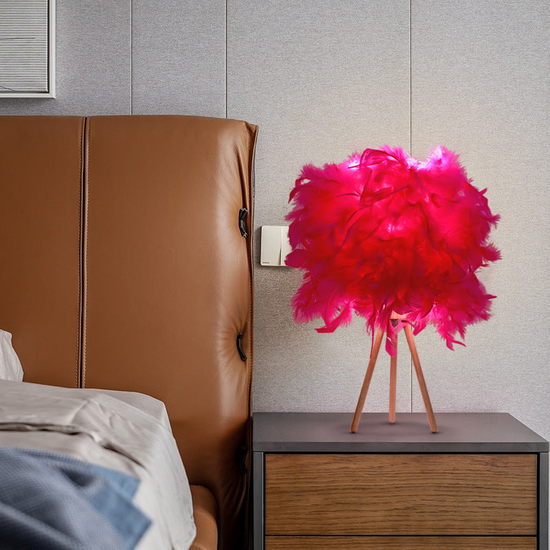 Modern Art Deco Feather Wood Cylinder Triangle Table Lamp