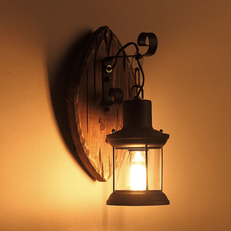 Traditional Farmhouse Wood Disc Iron Shade Wall Sconce