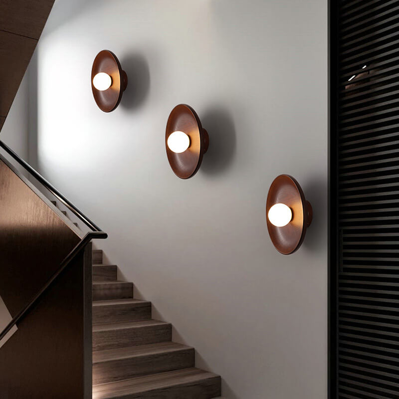 Modern Minimalist Round Disc Solid Wood 1-Light Wall Sconce