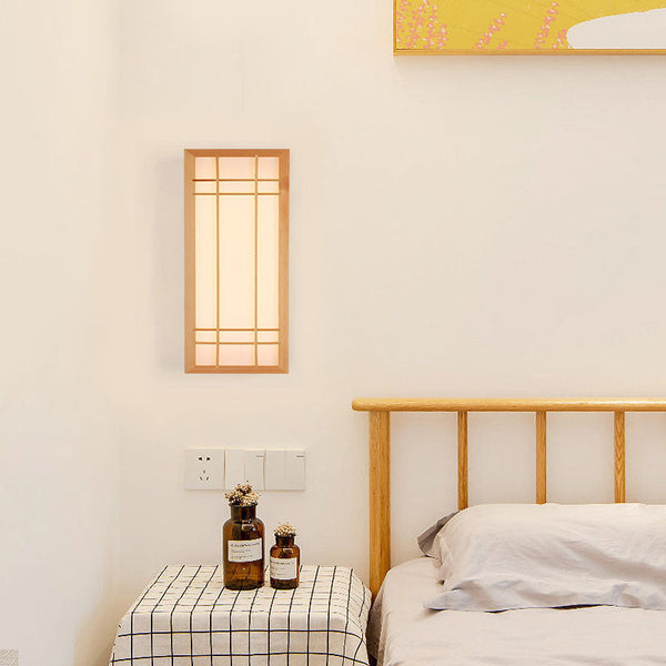 Traditional Japanese Rectangle Solid Wood LED Wall Sconce