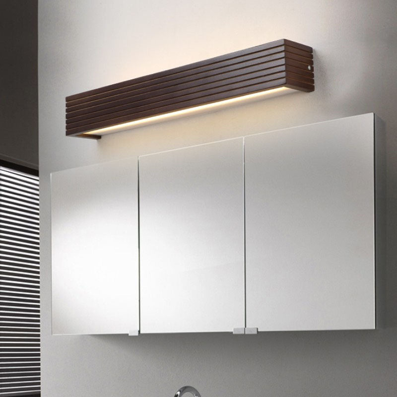 Traditional Chinese Striped Wood Cuboid LED Vanity Wall Sconce