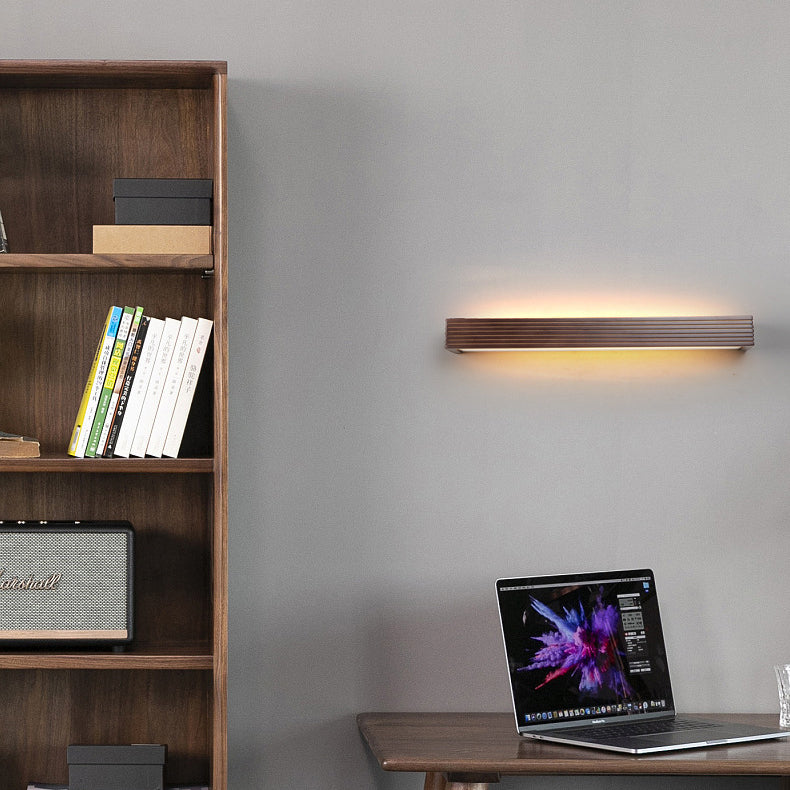 Traditional Chinese Striped Wood Cuboid LED Vanity Wall Sconce