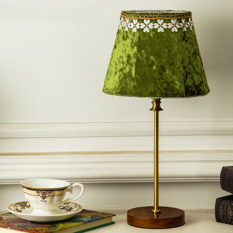 Traditional European Drum Velvet Copper Wood Table Lamp
