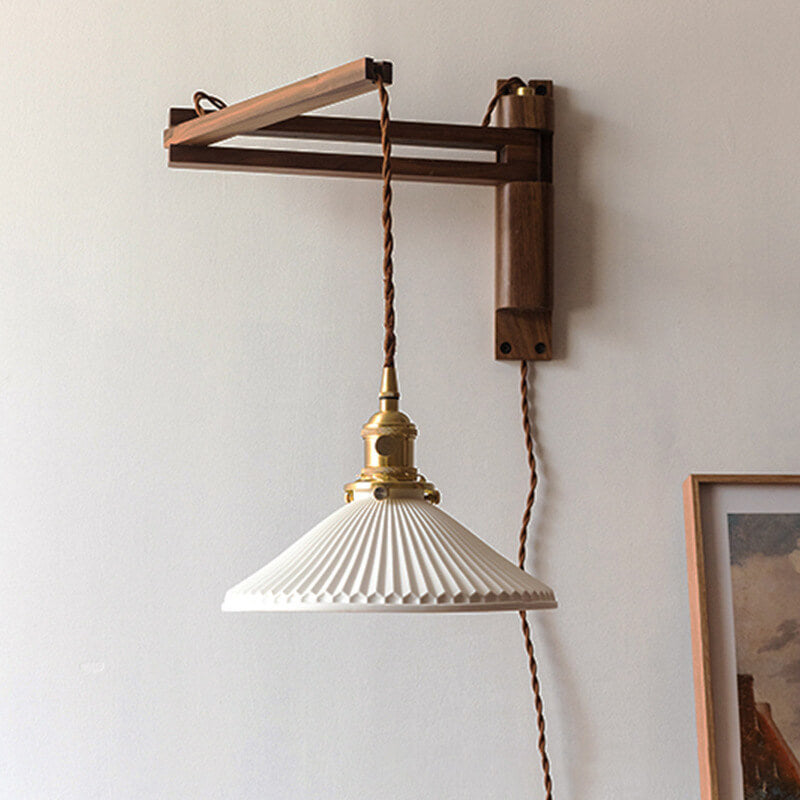 Nordic Milk White Striped Glass Walnut Wall Sconce
