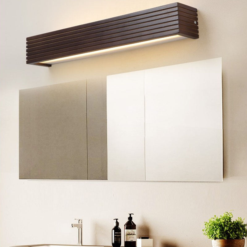 Traditional Chinese Striped Wood Cuboid LED Vanity Wall Sconce
