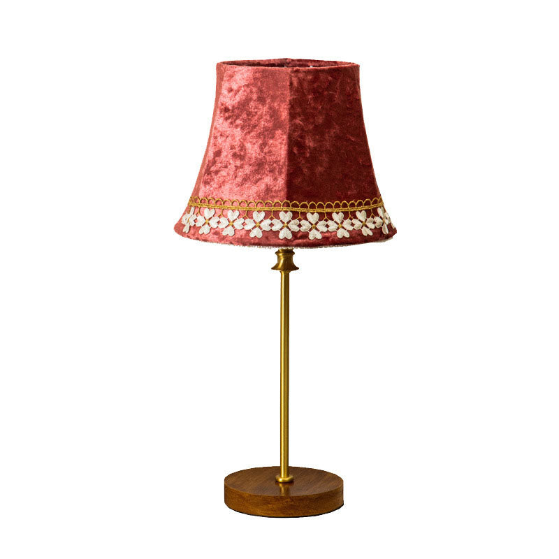 Traditional European Drum Velvet Copper Wood Table Lamp