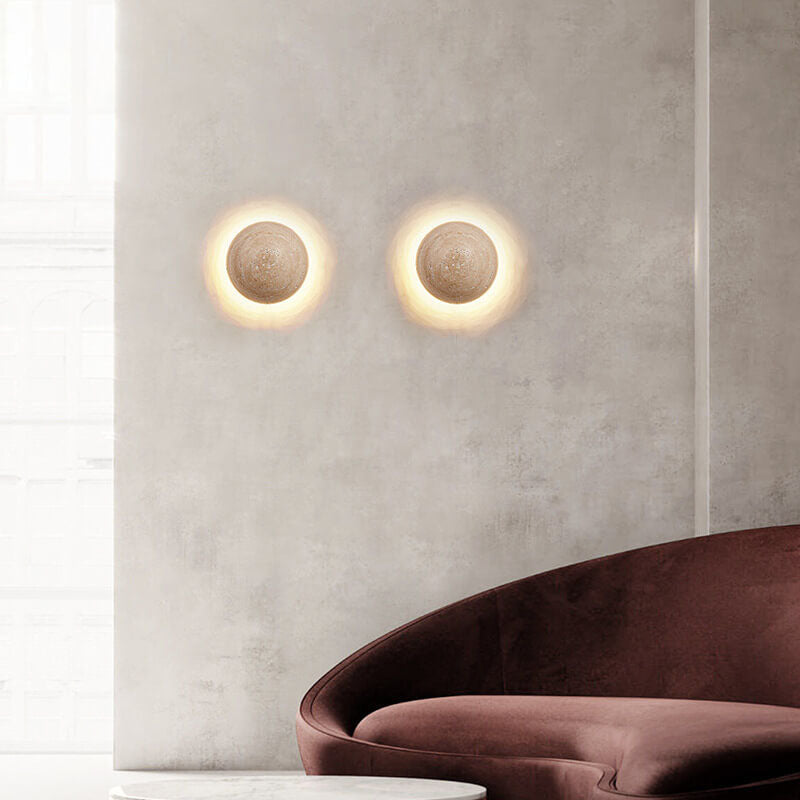 Traditional Japanese Round Yellow Travertine Wall Sconce