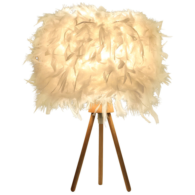 Modern Art Deco Feather Wood Cylinder Triangle Table Lamp