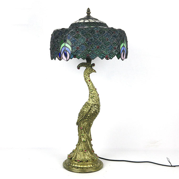 Traditional Tiffany Peacock Gem Dome Glass Resin Table Lamp