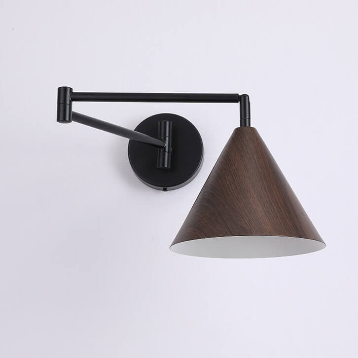 Contemporary Nordic Cone Swing Arm Wood Grain Wall Sconce