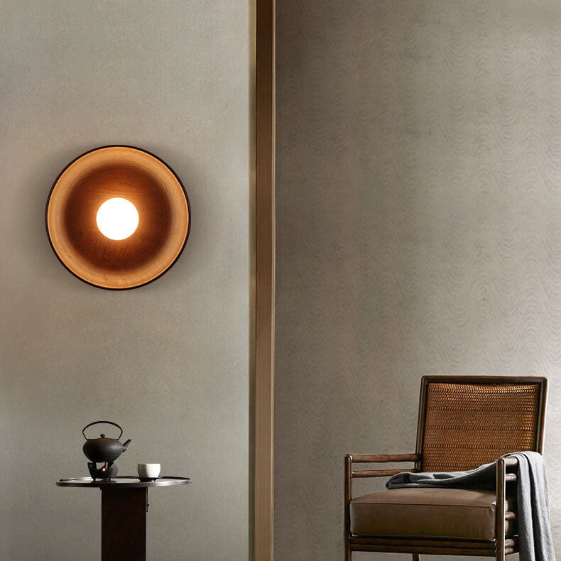 Modern Minimalist Round Disc Solid Wood 1-Light Wall Sconce