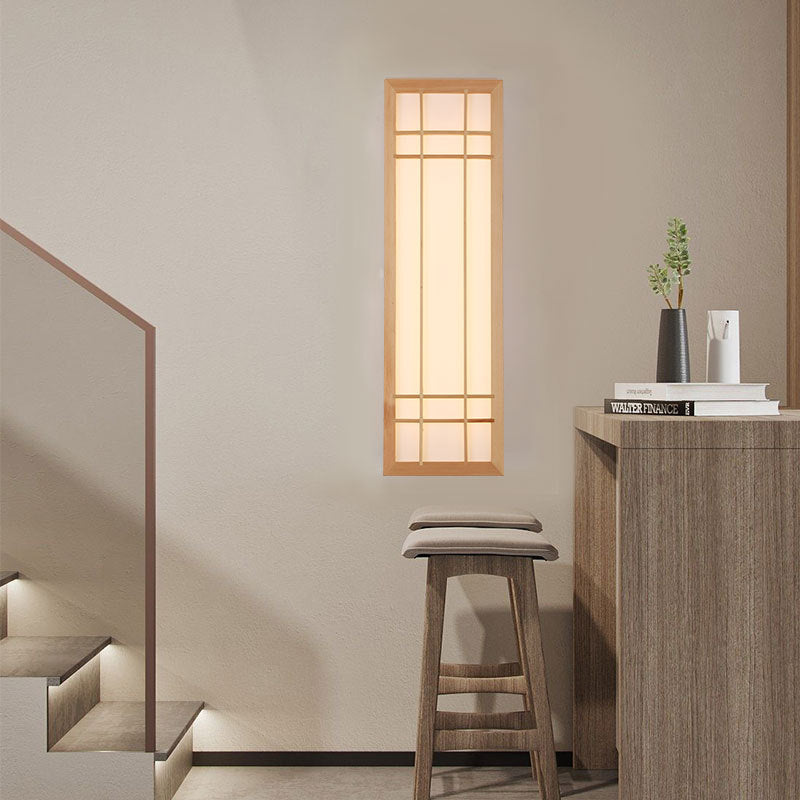 Traditional Japanese Rectangle Solid Wood LED Wall Sconce