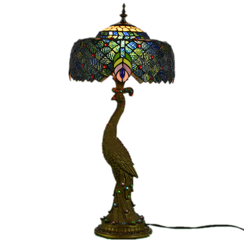 Traditional Tiffany Peacock Gem Dome Glass Resin Table Lamp