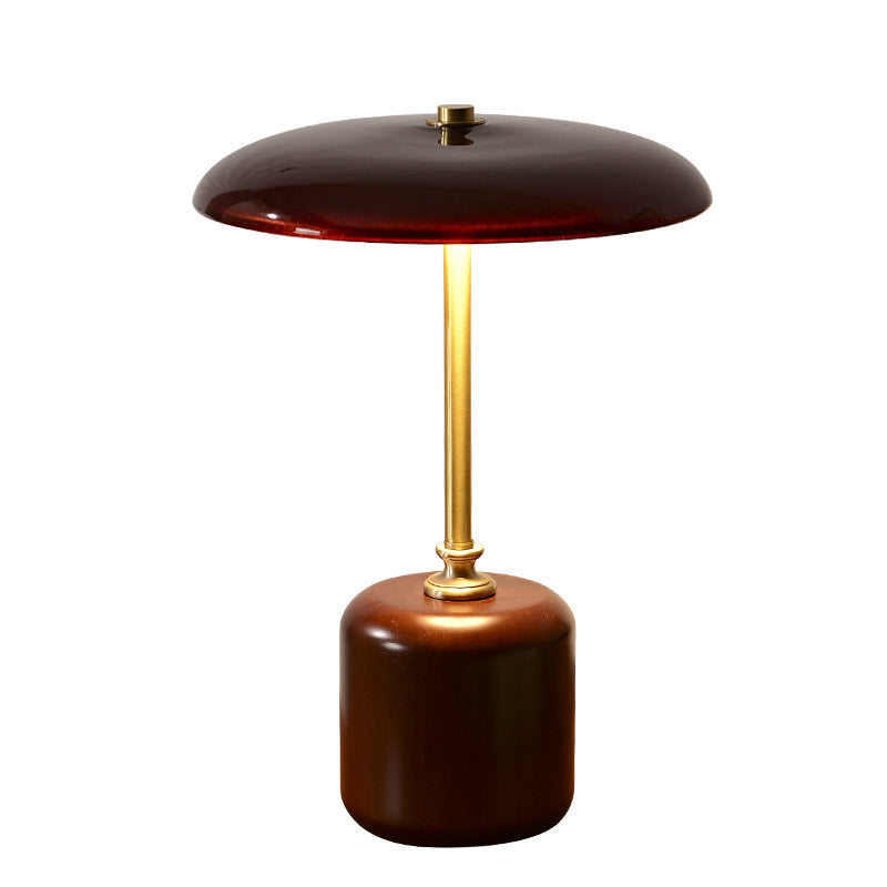 Retro Brass Wood Glass Round Cylinder LED Table Lamp