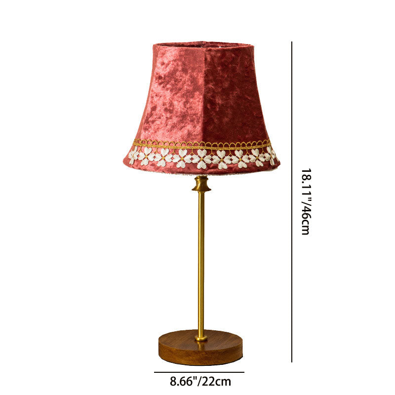 Traditional European Drum Velvet Copper Wood Table Lamp