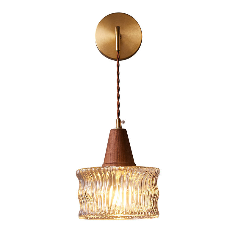 Japanese Walnut Glass Copper Cylinder 1-Light Wall Sconce