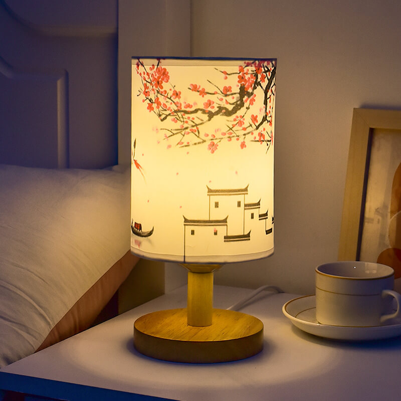 Modern Minimalist Fabric Column Landscape Wood Table Lamp