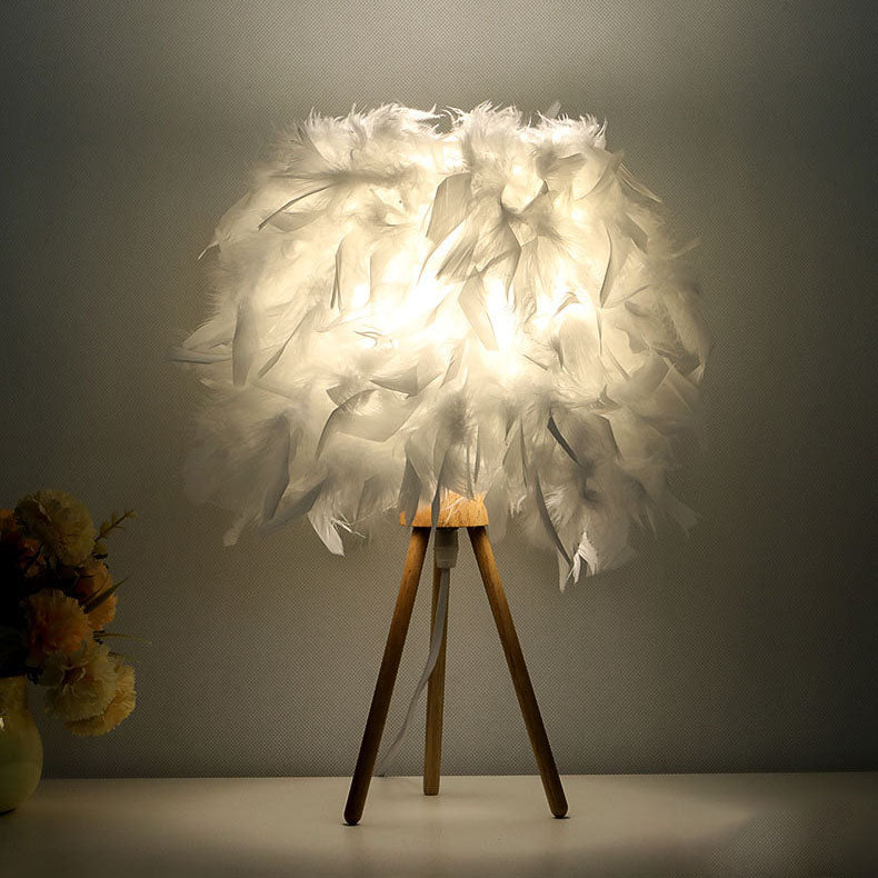 Modern Art Deco Feather Wood Cylinder Triangle Table Lamp