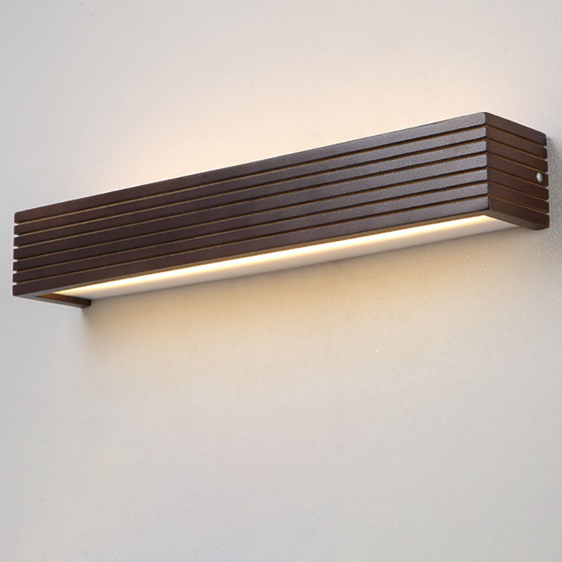 Traditional Chinese Striped Wood Cuboid LED Vanity Wall Sconce