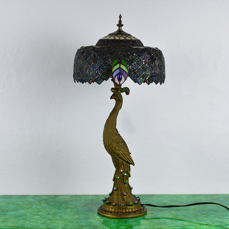 Traditional Tiffany Peacock Gem Dome Glass Resin Table Lamp