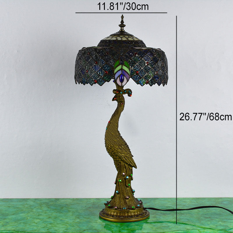 Traditional Tiffany Peacock Gem Dome Glass Resin Table Lamp