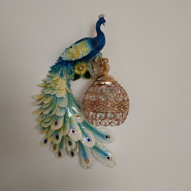Vintage Ornate Resin Peacock Crystal Wall Sconce
