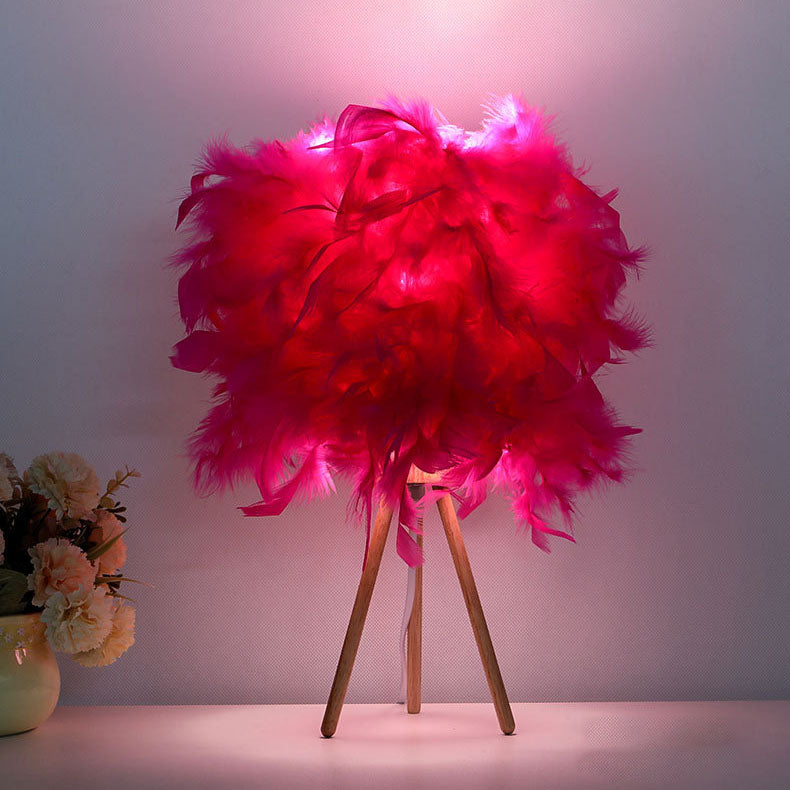 Modern Art Deco Feather Wood Cylinder Triangle Table Lamp