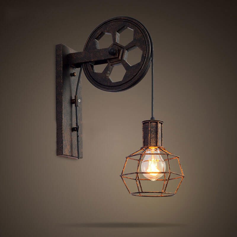 Vintage Industrial Pulley Iron 1-Light Wall Sconce