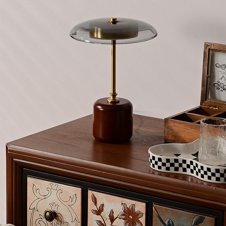Retro Brass Wood Glass Round Cylinder LED Table Lamp