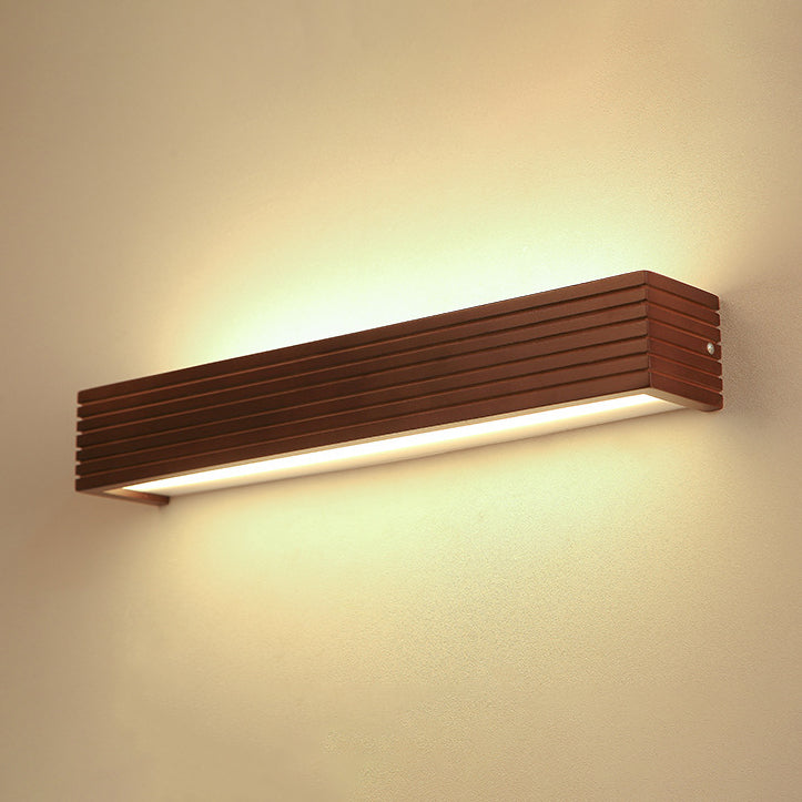 Traditional Chinese Striped Wood Cuboid LED Vanity Wall Sconce