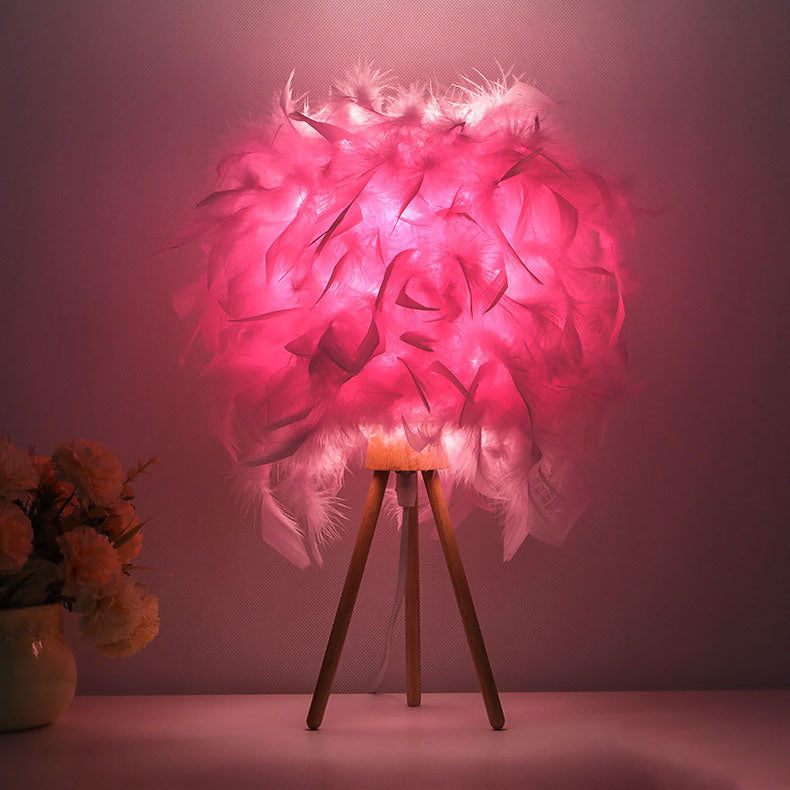 Modern Art Deco Feather Wood Cylinder Triangle Table Lamp