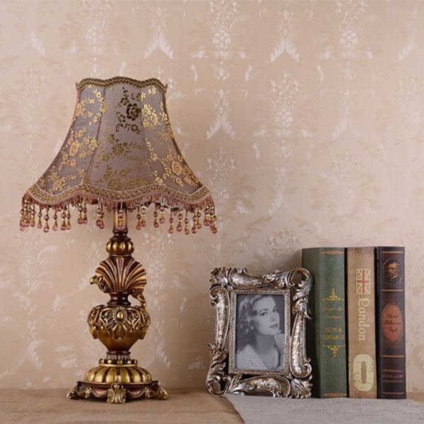 European Vintage Fabric Tassel Resin Court Table Lamp