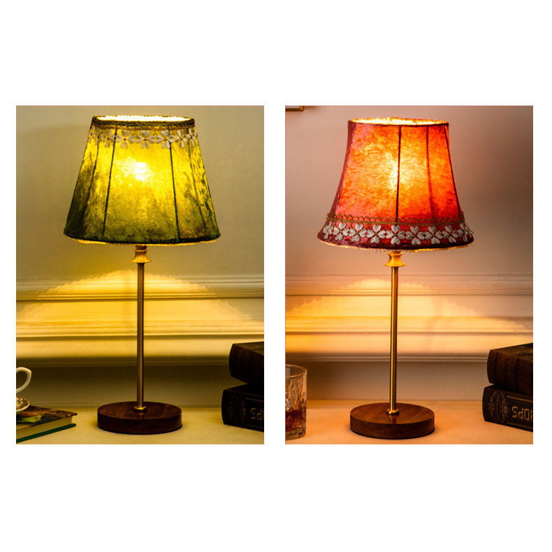 Traditional European Drum Velvet Copper Wood Table Lamp