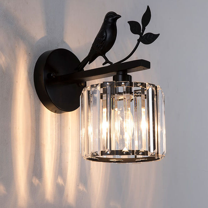 Traditional Vintage Iron Glass Round Bird Wall Sconce