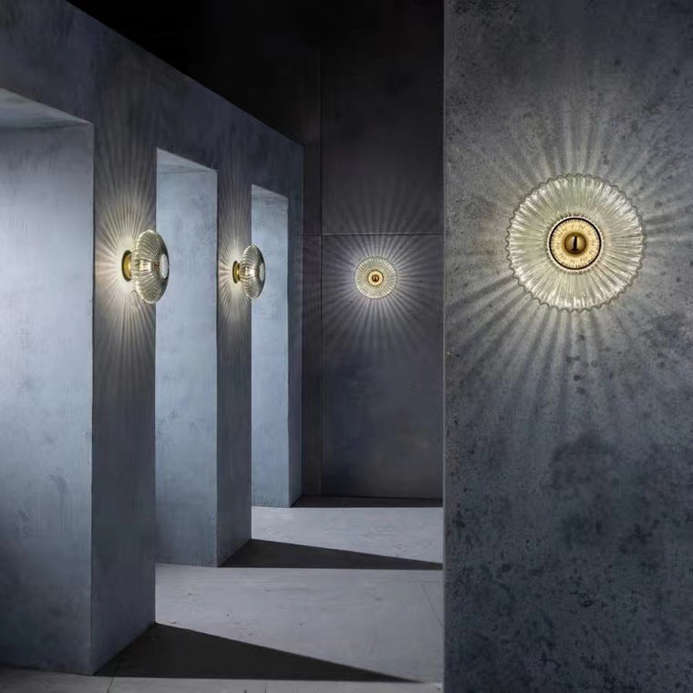 Contemporary Nordic Iron Striped Glass Round Wall Sconce