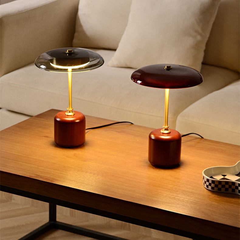 Retro Brass Wood Glass Round Cylinder LED Table Lamp