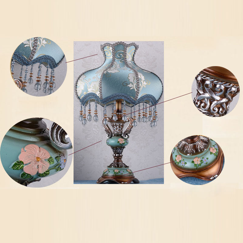 Traditional European Blue Fabric Tassel Resin Table Lamp