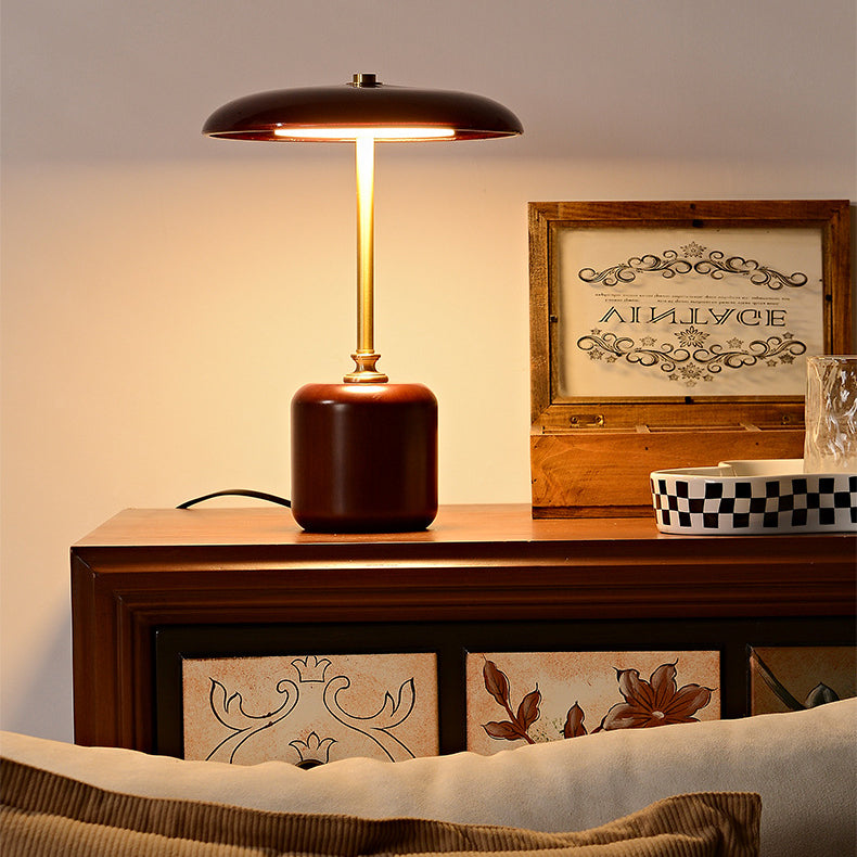 Retro Brass Wood Glass Round Cylinder LED Table Lamp
