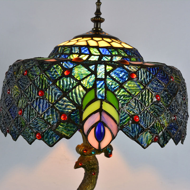 Traditional Tiffany Peacock Gem Dome Glass Resin Table Lamp