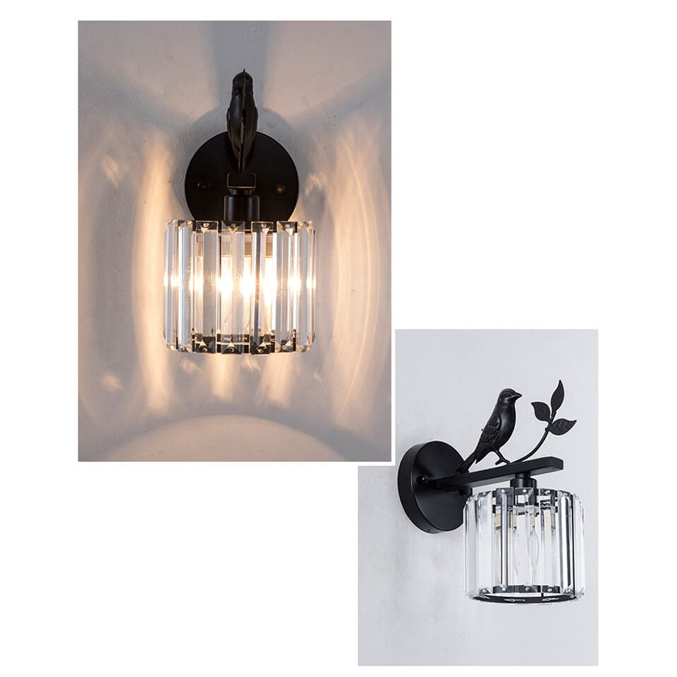 Traditional Vintage Iron Glass Round Bird Wall Sconce