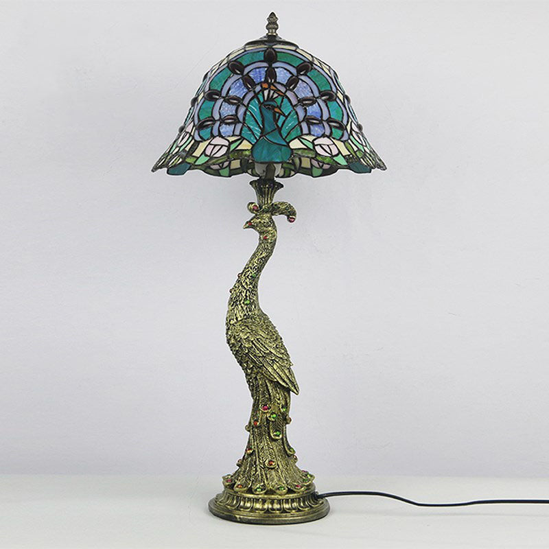 Traditional Tiffany Peacock Gem Dome Glass Resin Table Lamp