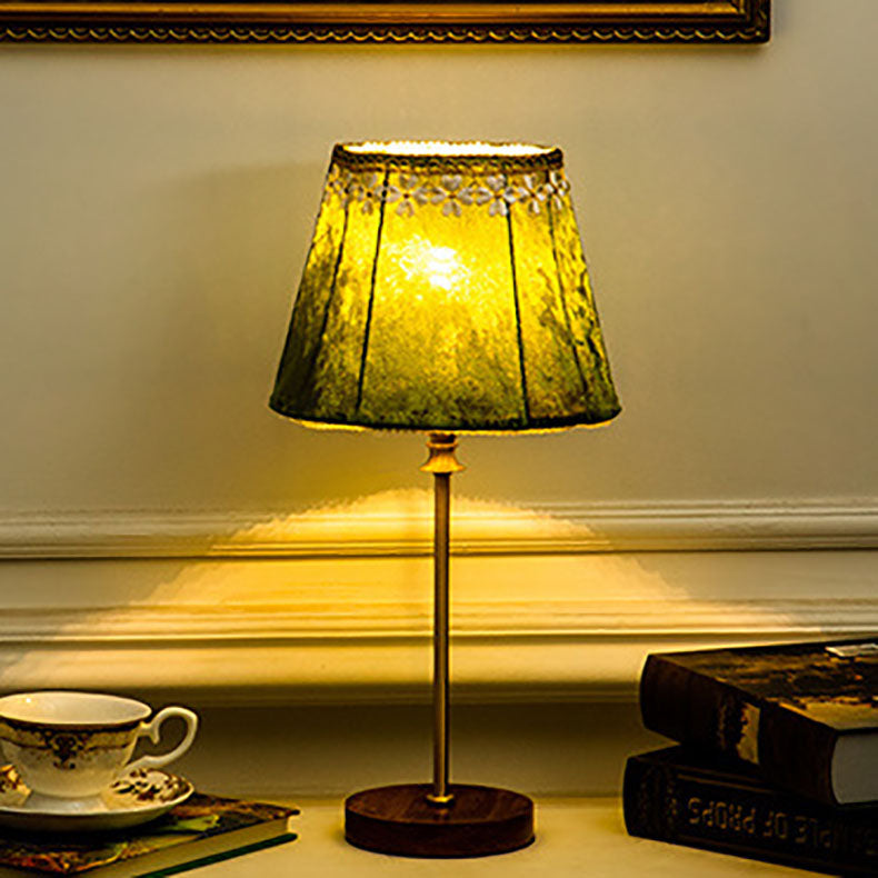 Traditional European Drum Velvet Copper Wood Table Lamp