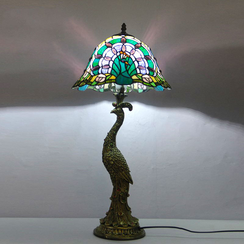 Traditional Tiffany Peacock Gem Dome Glass Resin Table Lamp