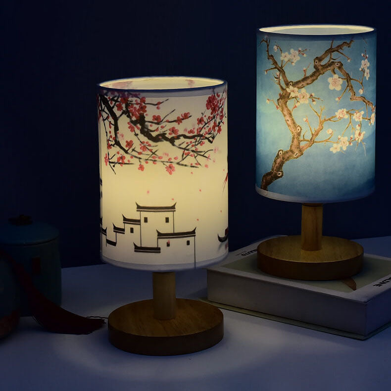 Modern Minimalist Fabric Column Landscape Wood Table Lamp