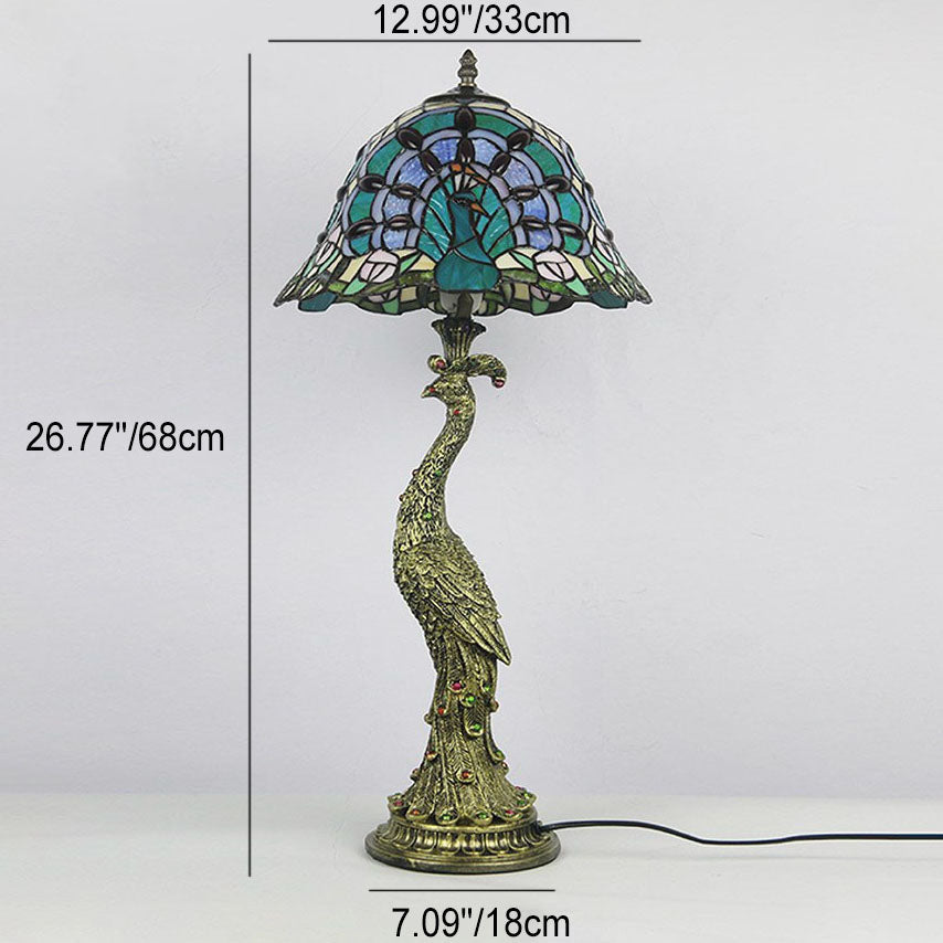 Traditional Tiffany Peacock Gem Dome Glass Resin Table Lamp
