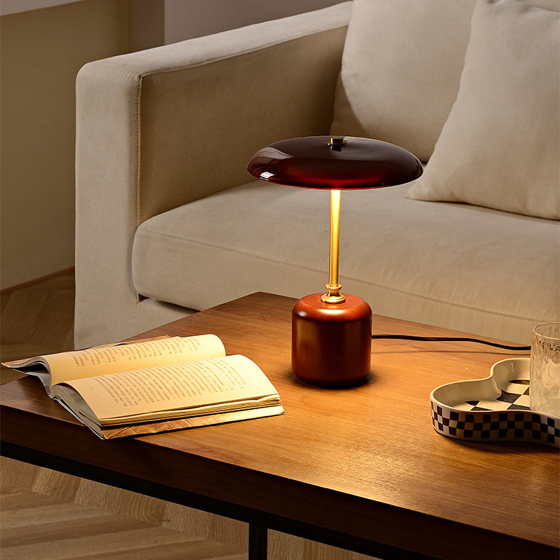 Retro Brass Wood Glass Round Cylinder LED Table Lamp
